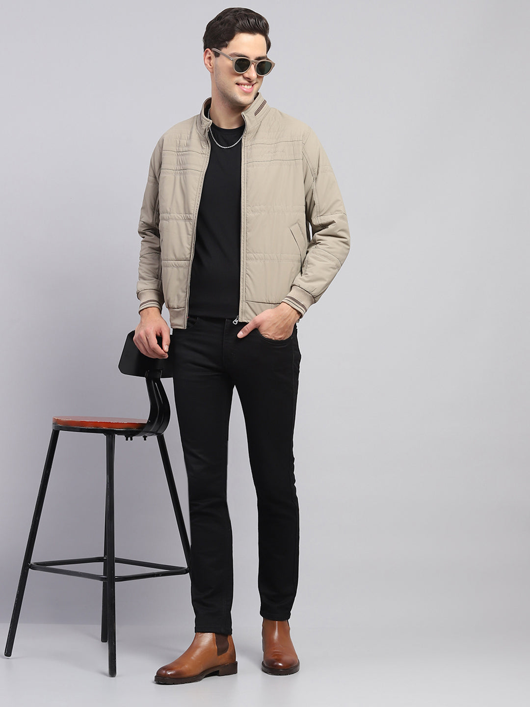 Men Beige Solid Collar Full Sleeve Jacket
