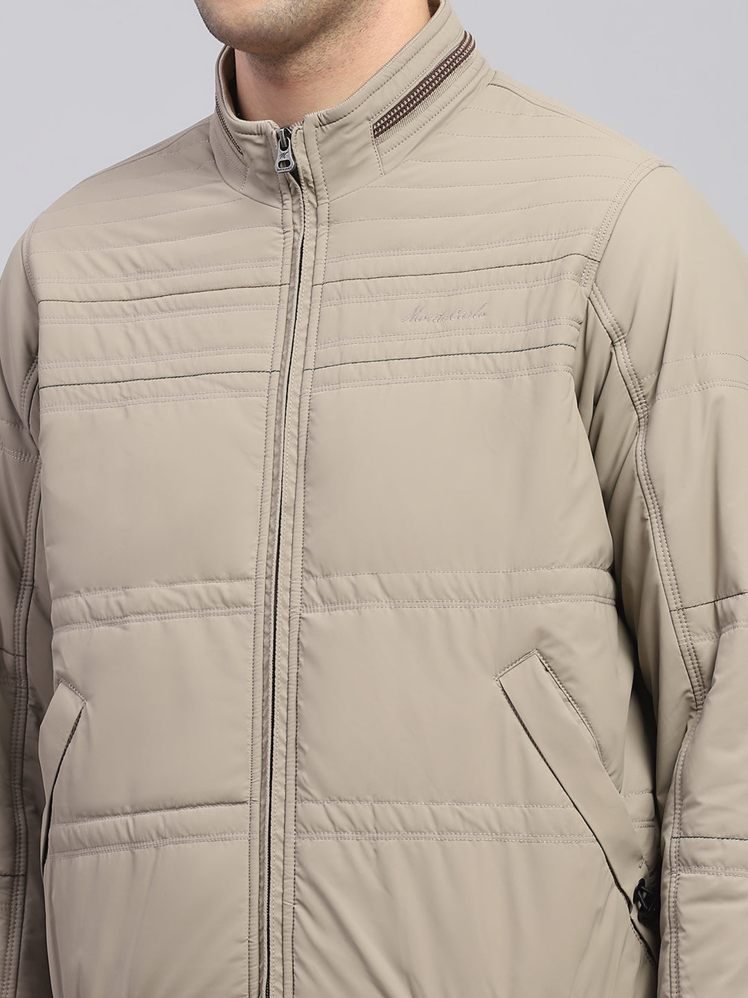 Men Beige Solid Collar Full Sleeve Jacket