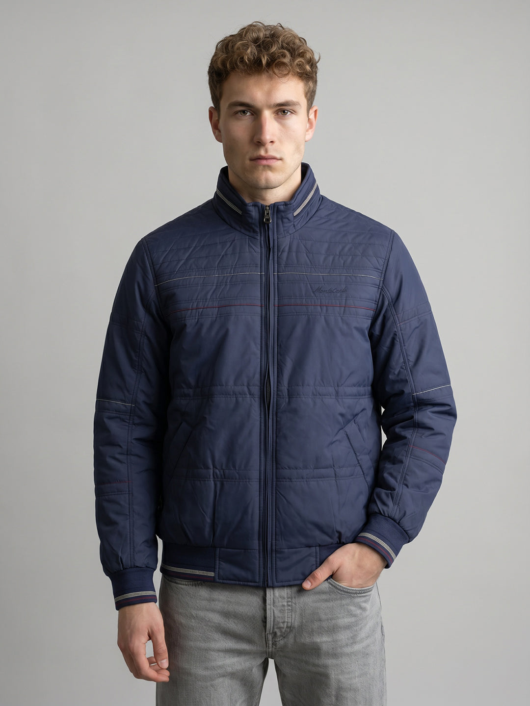 Men Navy Blue Solid Turtle Neck Full Sleeve Bomber Jacket