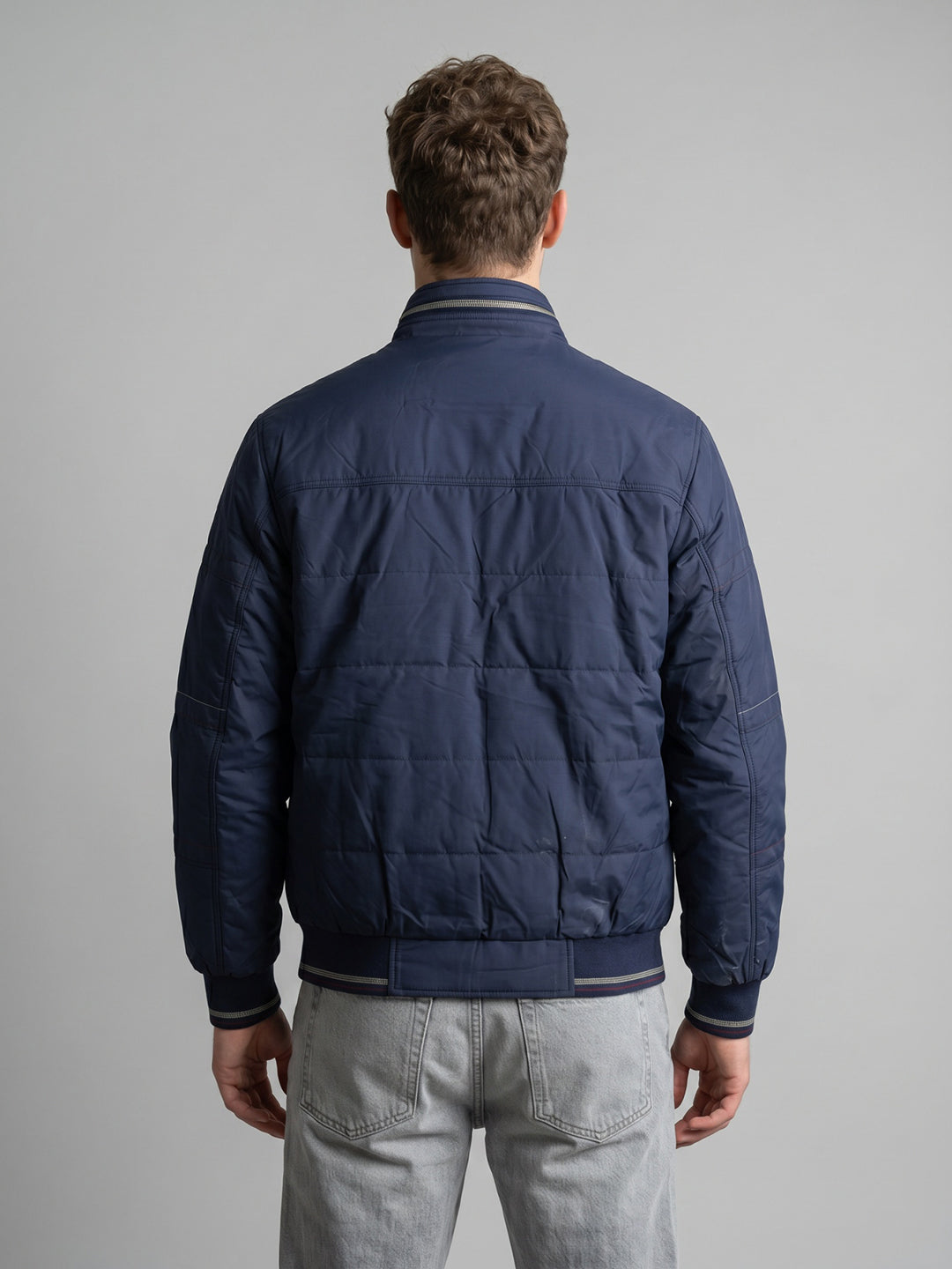 Men Navy Blue Solid Turtle Neck Full Sleeve Bomber Jacket