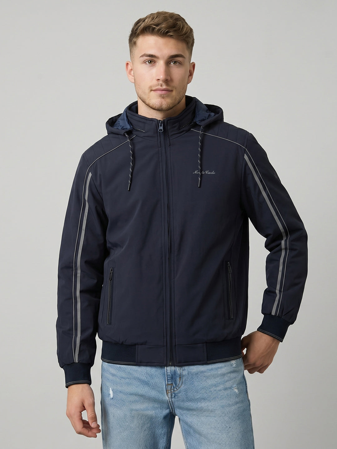 Men Navy Blue Solid Detachable Hood Full Sleeve Bomber Jacket