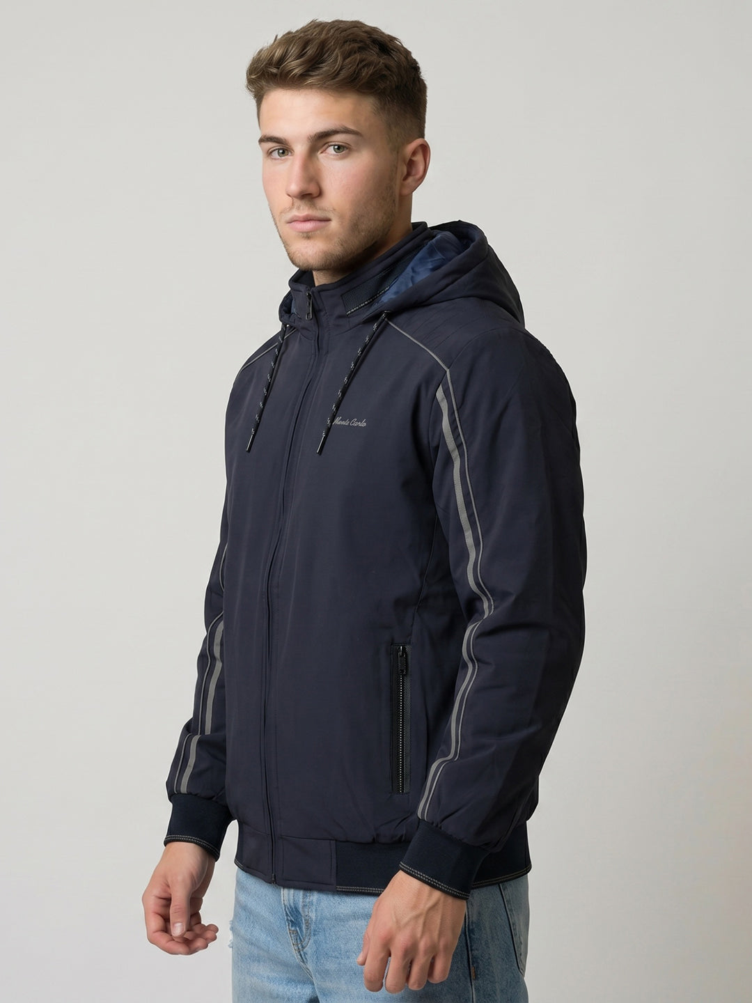Men Navy Blue Solid Detachable Hood Full Sleeve Bomber Jacket