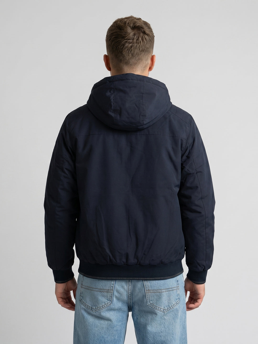 Men Navy Blue Solid Detachable Hood Full Sleeve Bomber Jacket