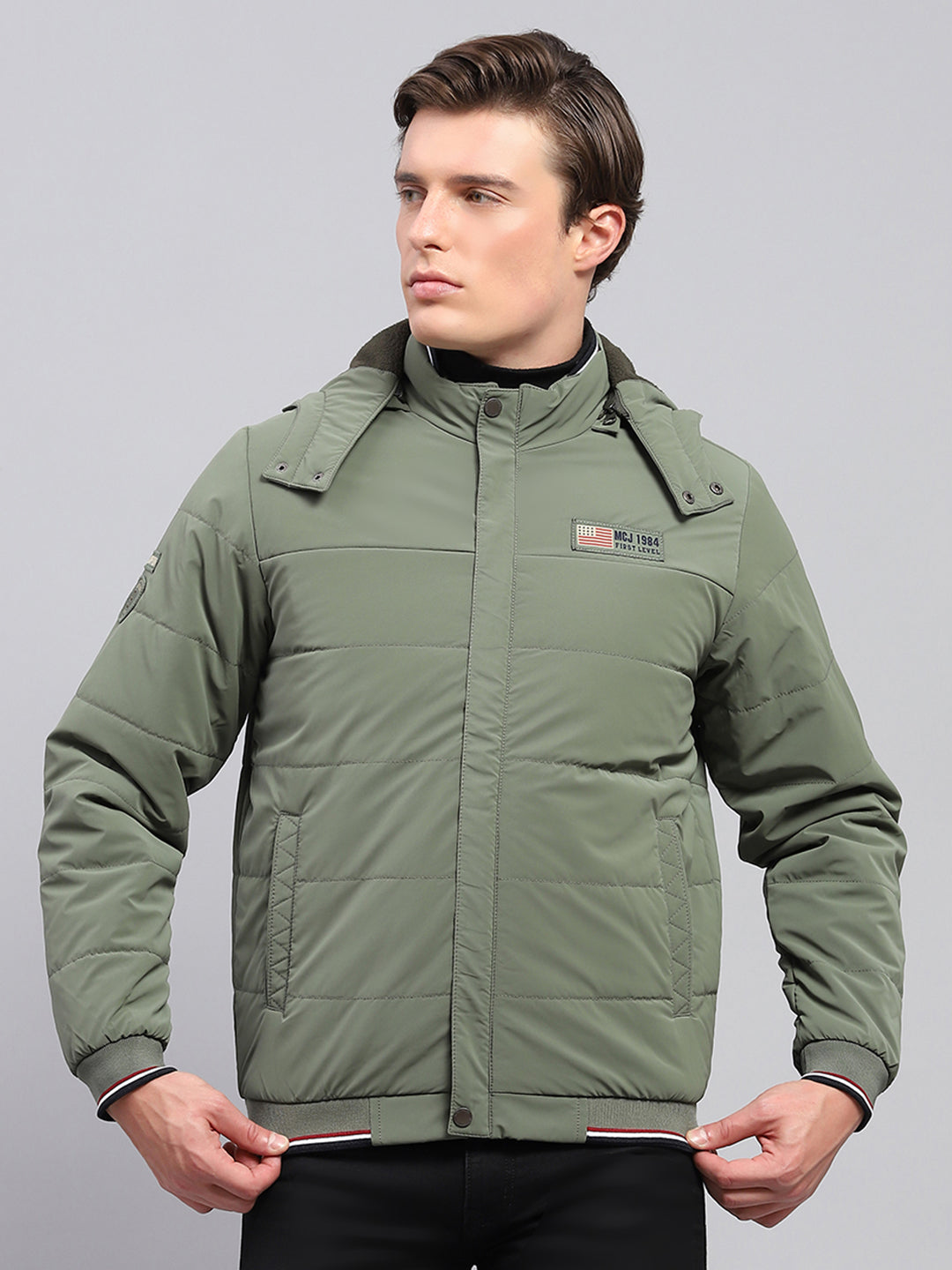 Men Olive Solid Detachable Hood Full Sleeve Jacket