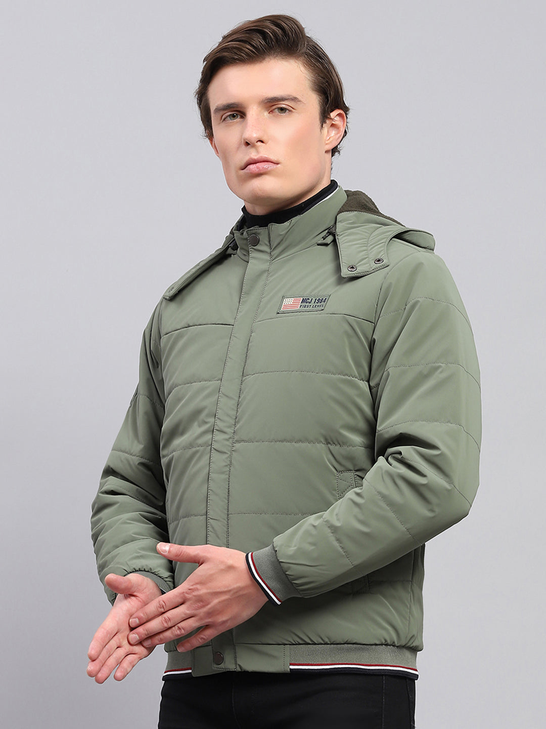 Men Olive Solid Detachable Hood Full Sleeve Jacket