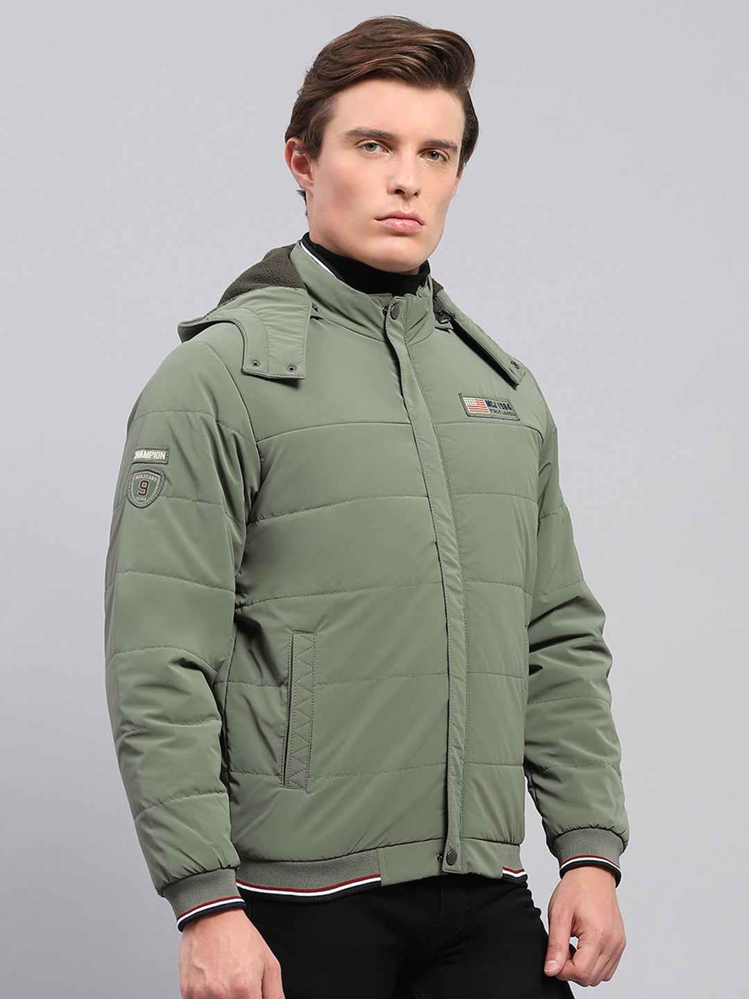Men Olive Solid Detachable Hood Full Sleeve Jacket