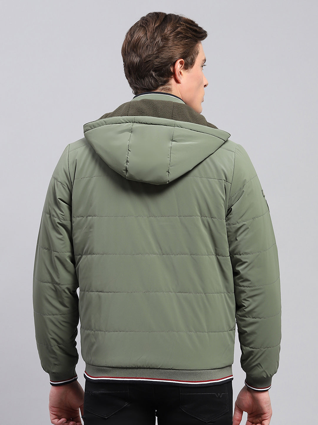 Men Olive Solid Detachable Hood Full Sleeve Jacket