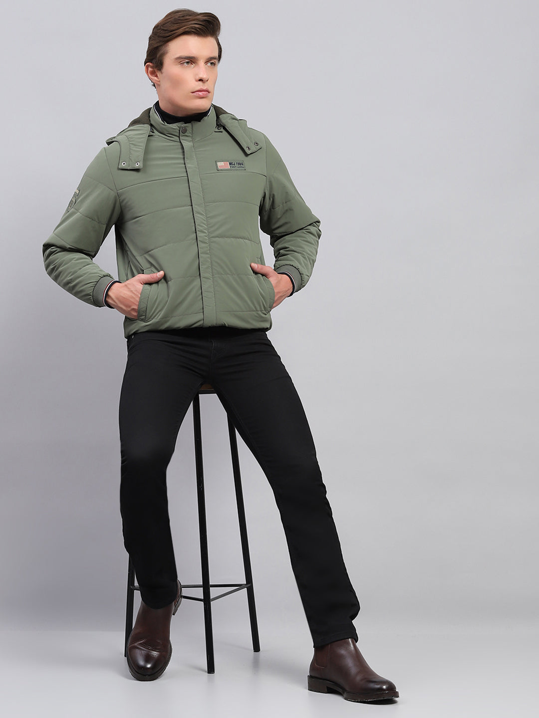 Men Olive Solid Detachable Hood Full Sleeve Jacket