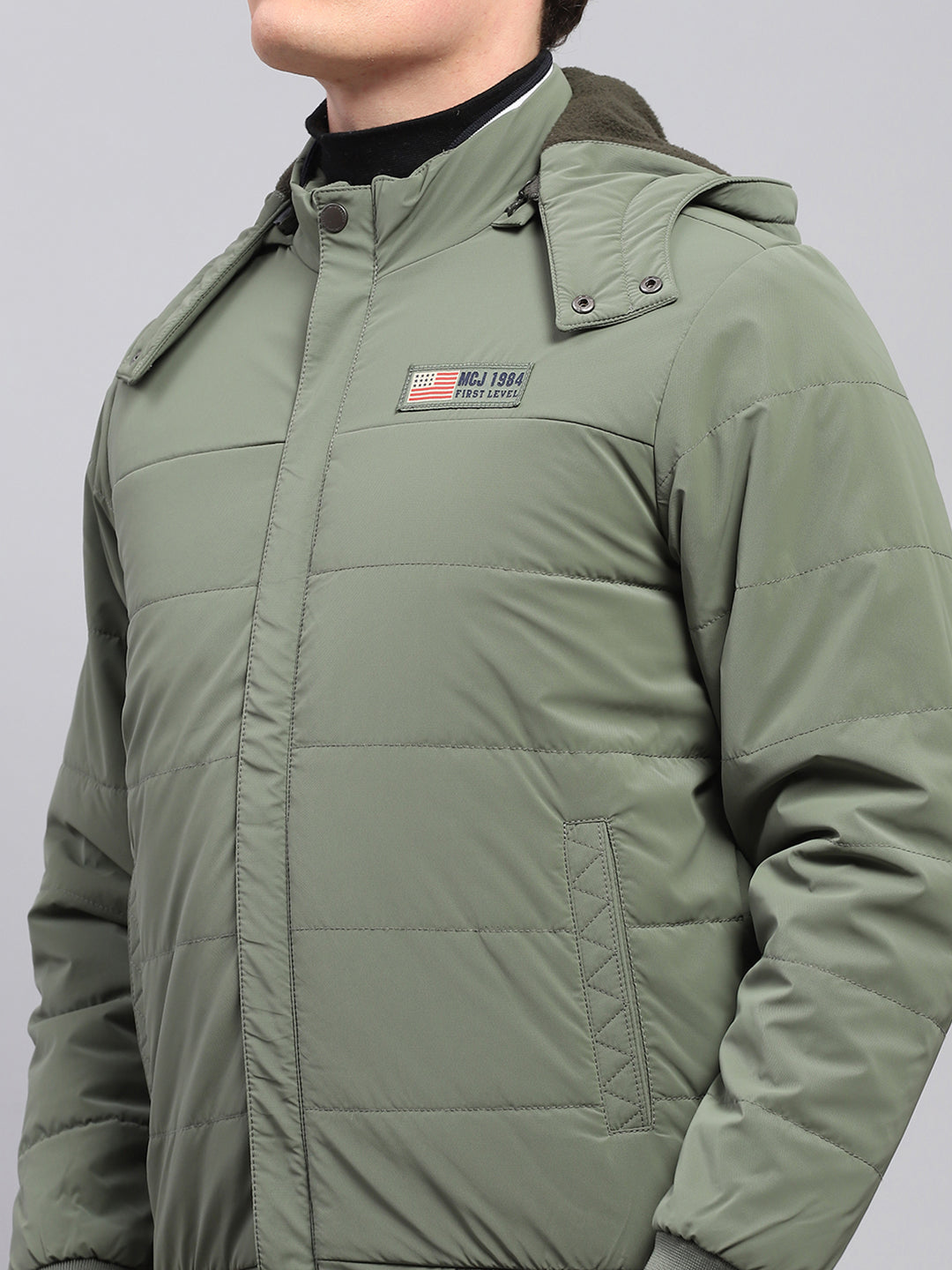 Men Olive Solid Detachable Hood Full Sleeve Jacket
