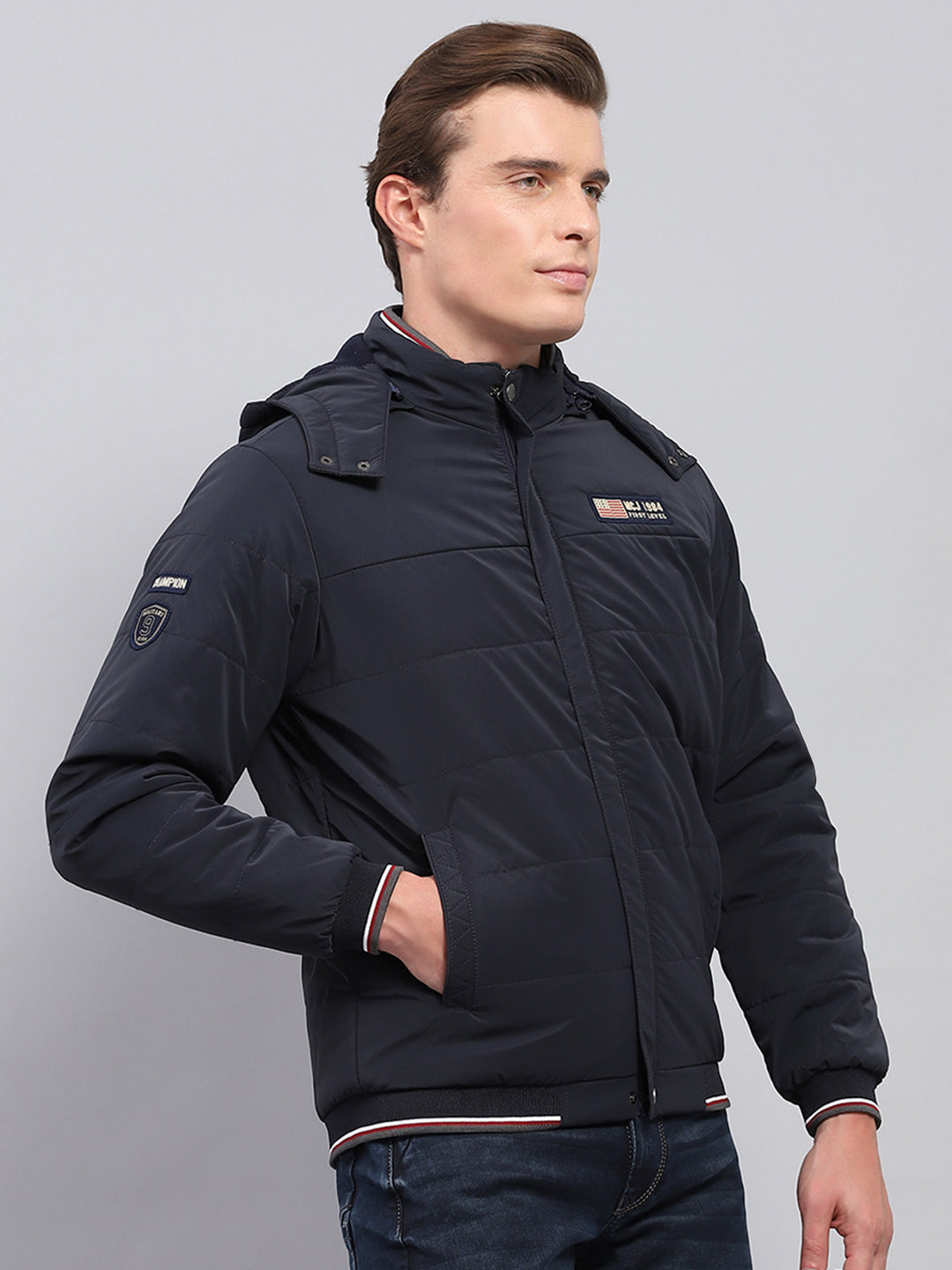 Men Navy Blue Solid Detachable Hood Full Sleeve Jacket
