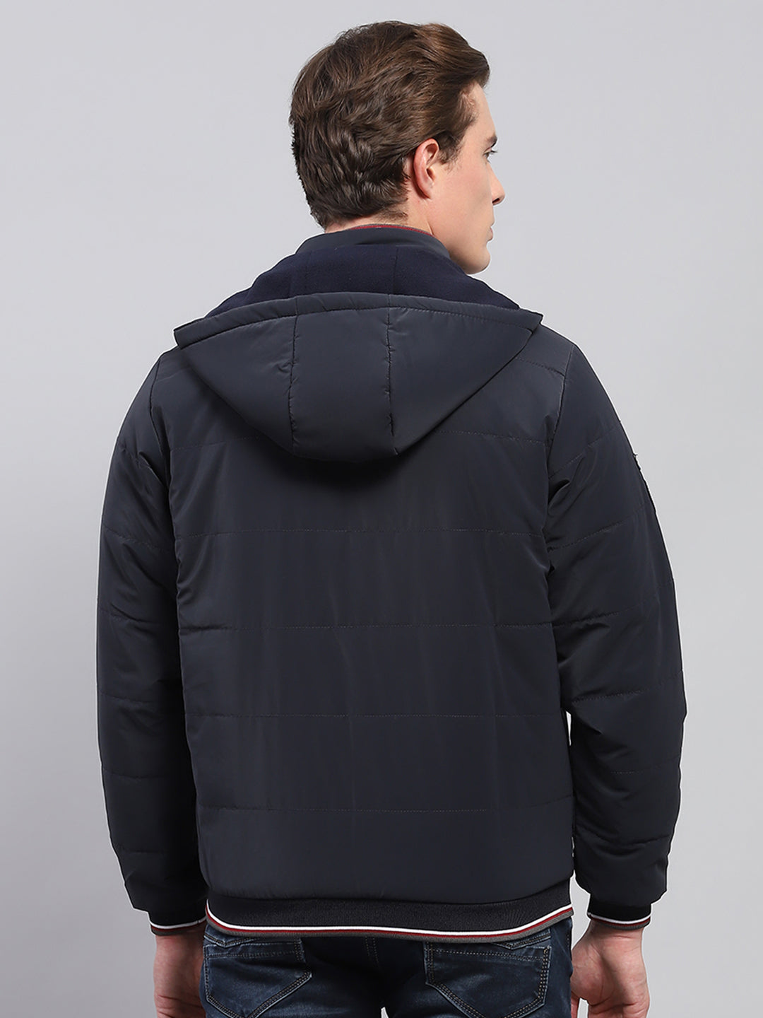 Men Navy Blue Solid Detachable Hood Full Sleeve Jacket