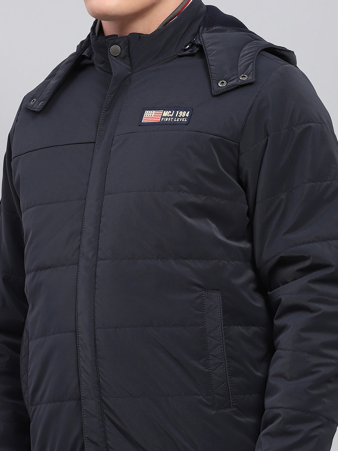 Men Navy Blue Solid Detachable Hood Full Sleeve Jacket