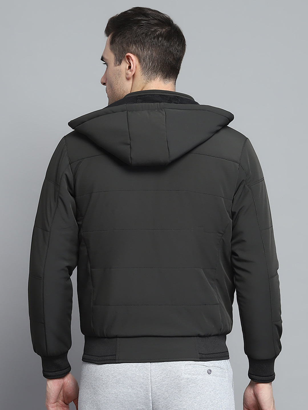 Men Olive Solid Hooded Full Sleeve Jacket
