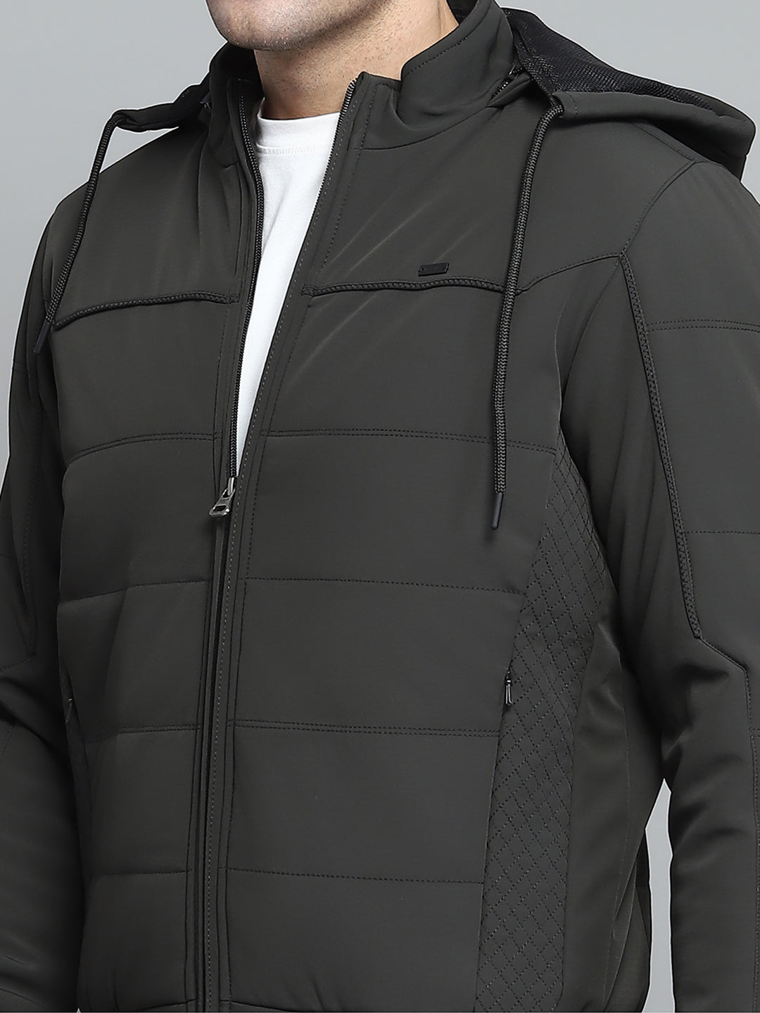Men Olive Solid Hooded Full Sleeve Jacket