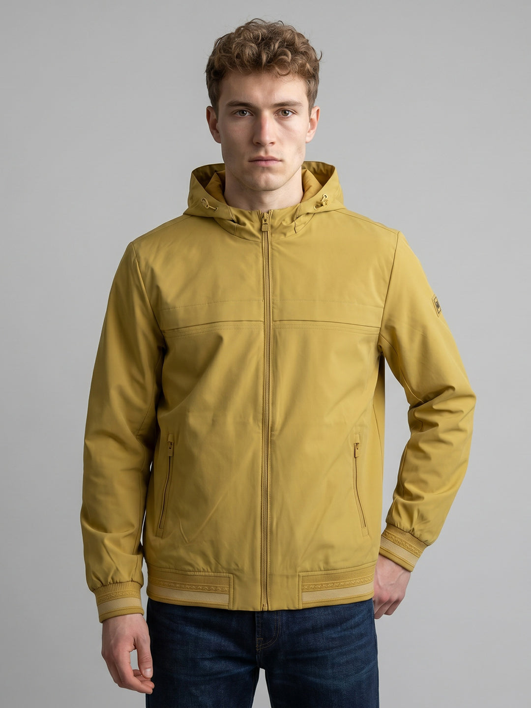 Men Yellow Solid Detachable Hood Full Sleeve Bomber Jacket