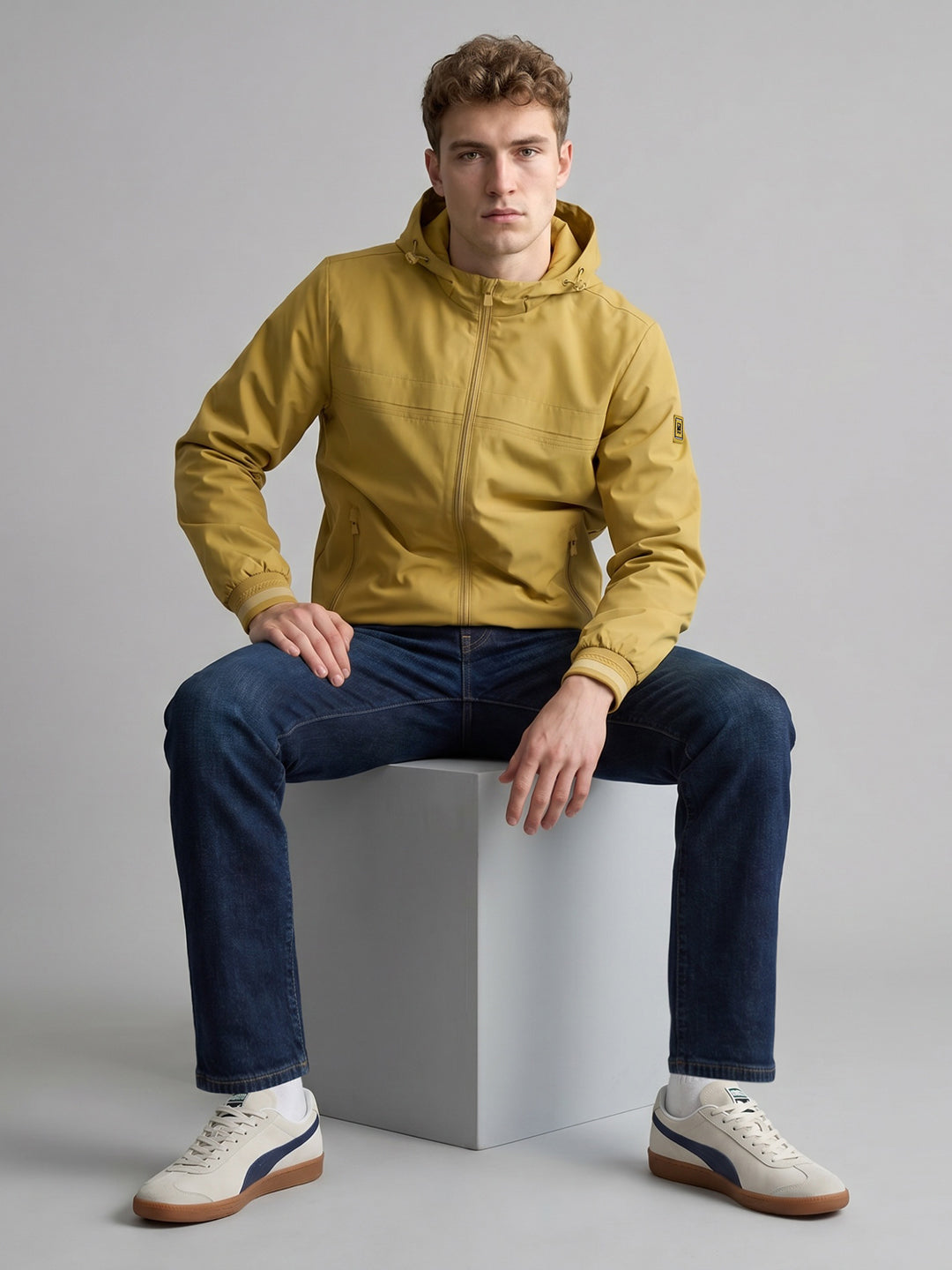 Men Yellow Solid Detachable Hood Full Sleeve Bomber Jacket