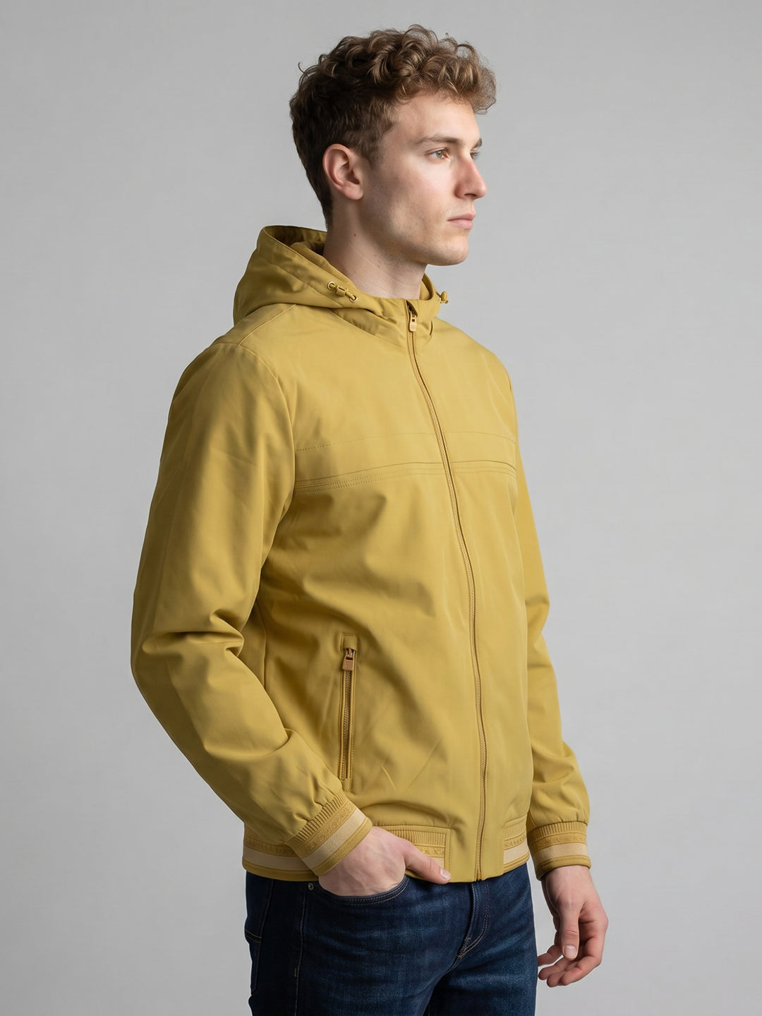 Men Yellow Solid Detachable Hood Full Sleeve Bomber Jacket