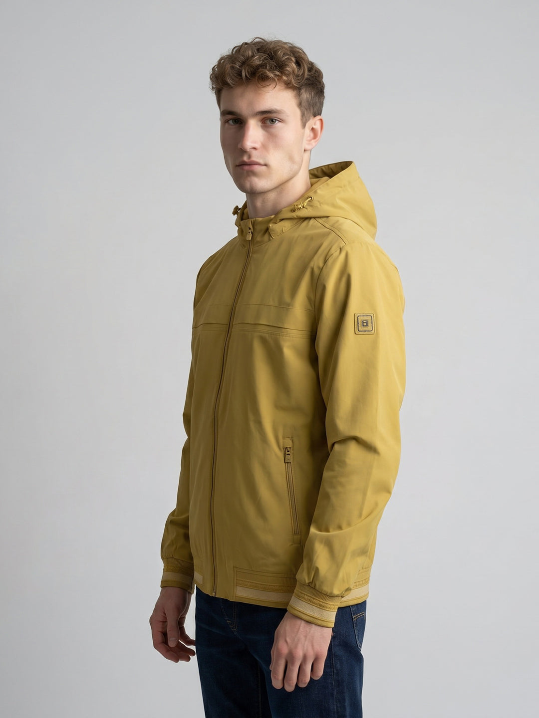 Men Yellow Solid Detachable Hood Full Sleeve Bomber Jacket