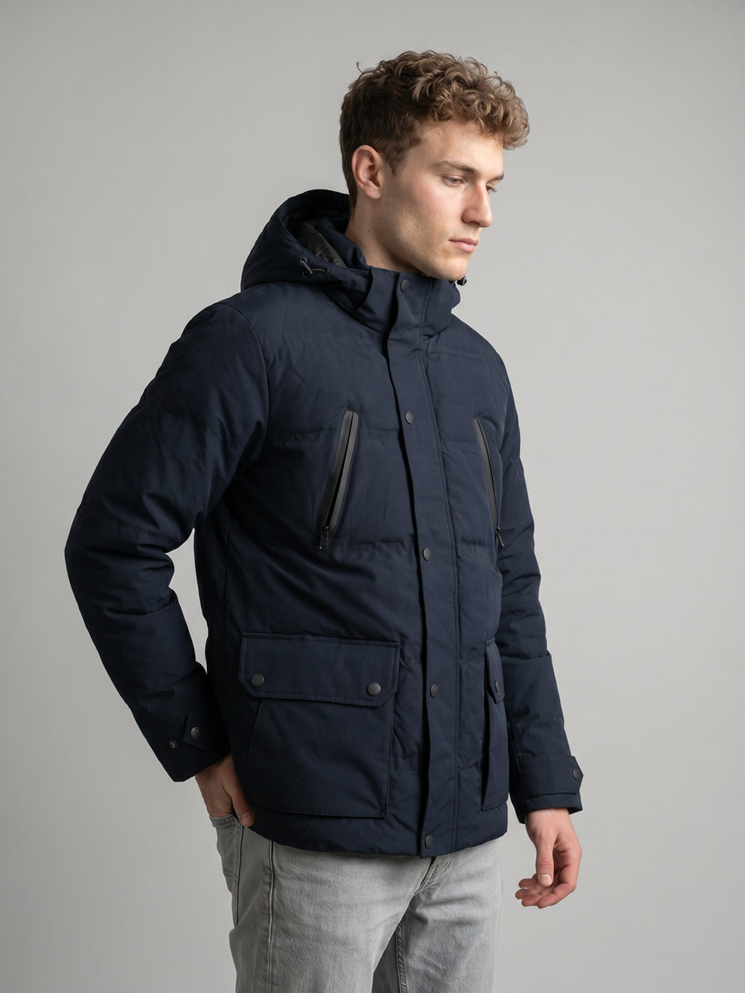 Men Navy Blue Solid Detachable Hood Full Sleeve Parka Jacket