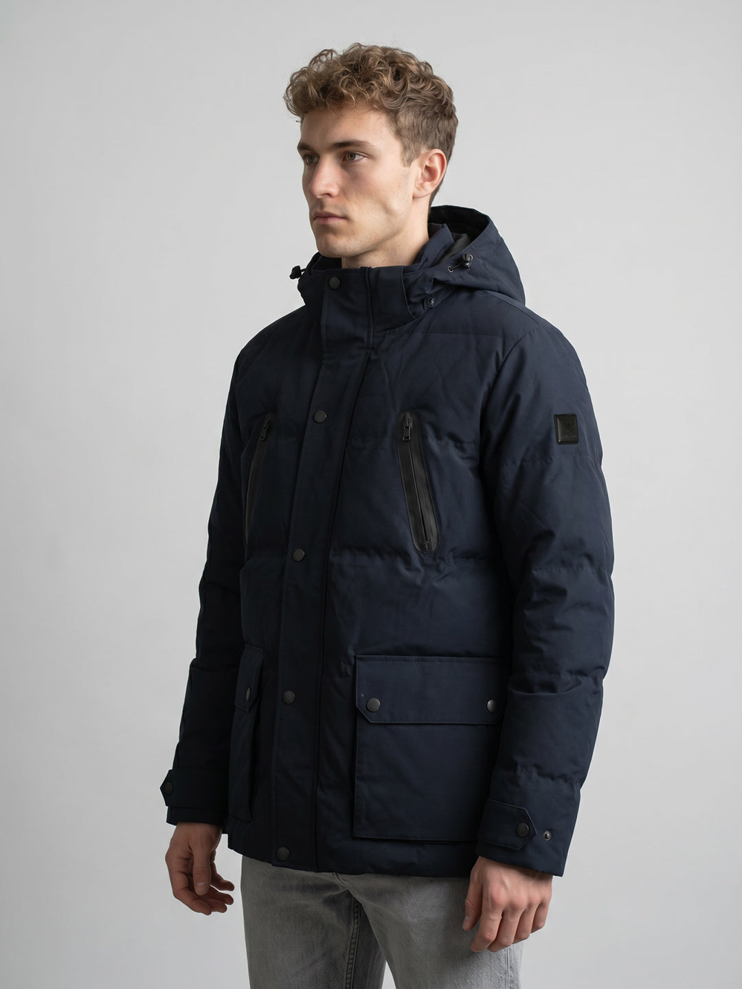 Men Navy Blue Solid Detachable Hood Full Sleeve Parka Jacket