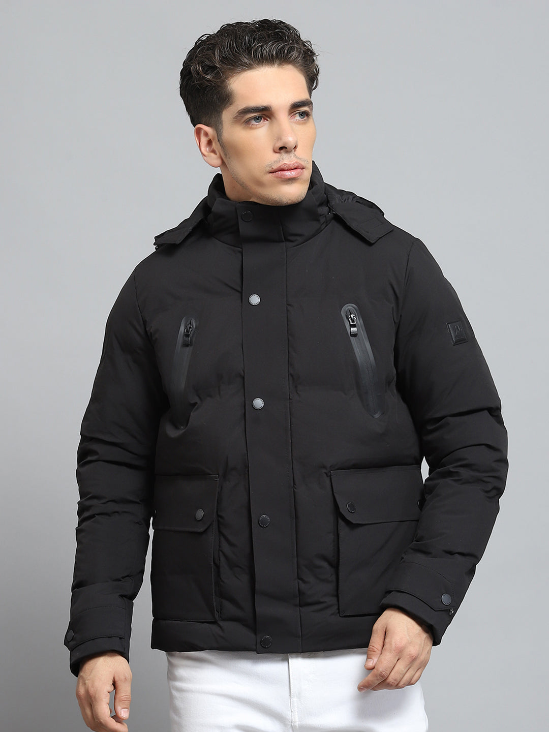 Men Black Solid Detachable Hood Full Sleeve Jacket