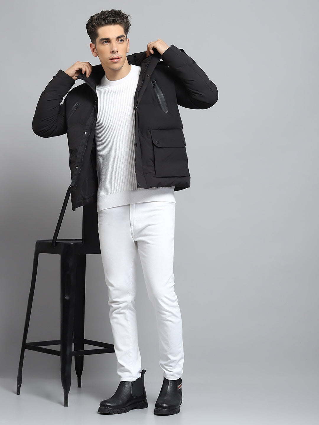 Men Black Solid Detachable Hood Full Sleeve Jacket