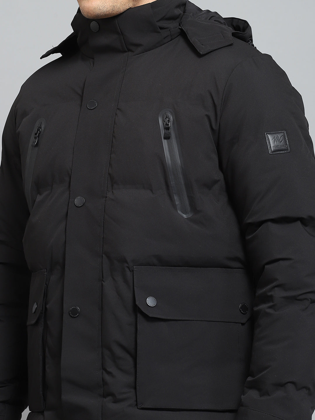 Men Black Solid Detachable Hood Full Sleeve Jacket