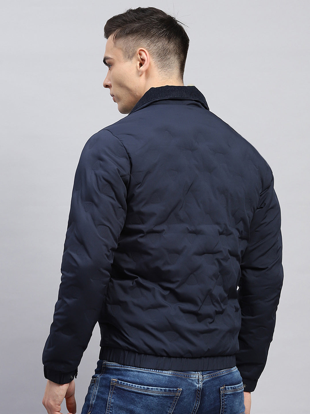 Men Navy Blue Solid Collar Full Sleeve Jacket