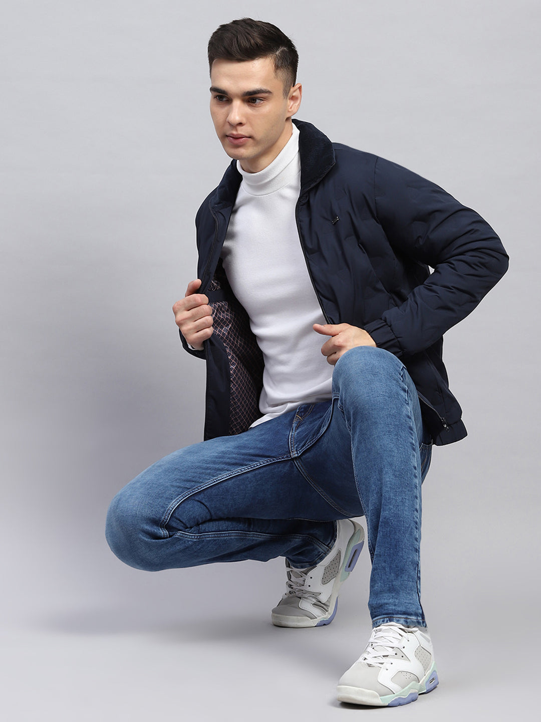 Men Navy Blue Solid Collar Full Sleeve Jacket