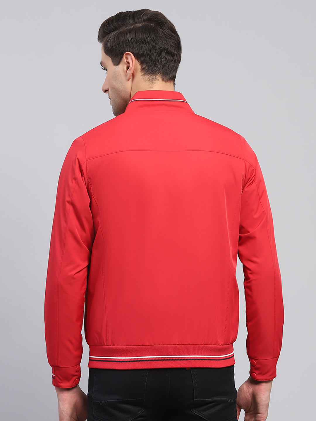 Men Red Solid Collar Full Sleeve Jacket