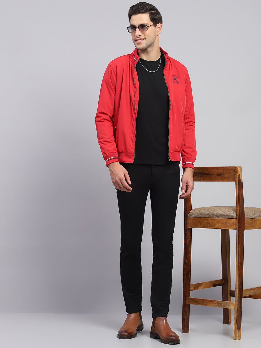 Men Red Solid Collar Full Sleeve Jacket