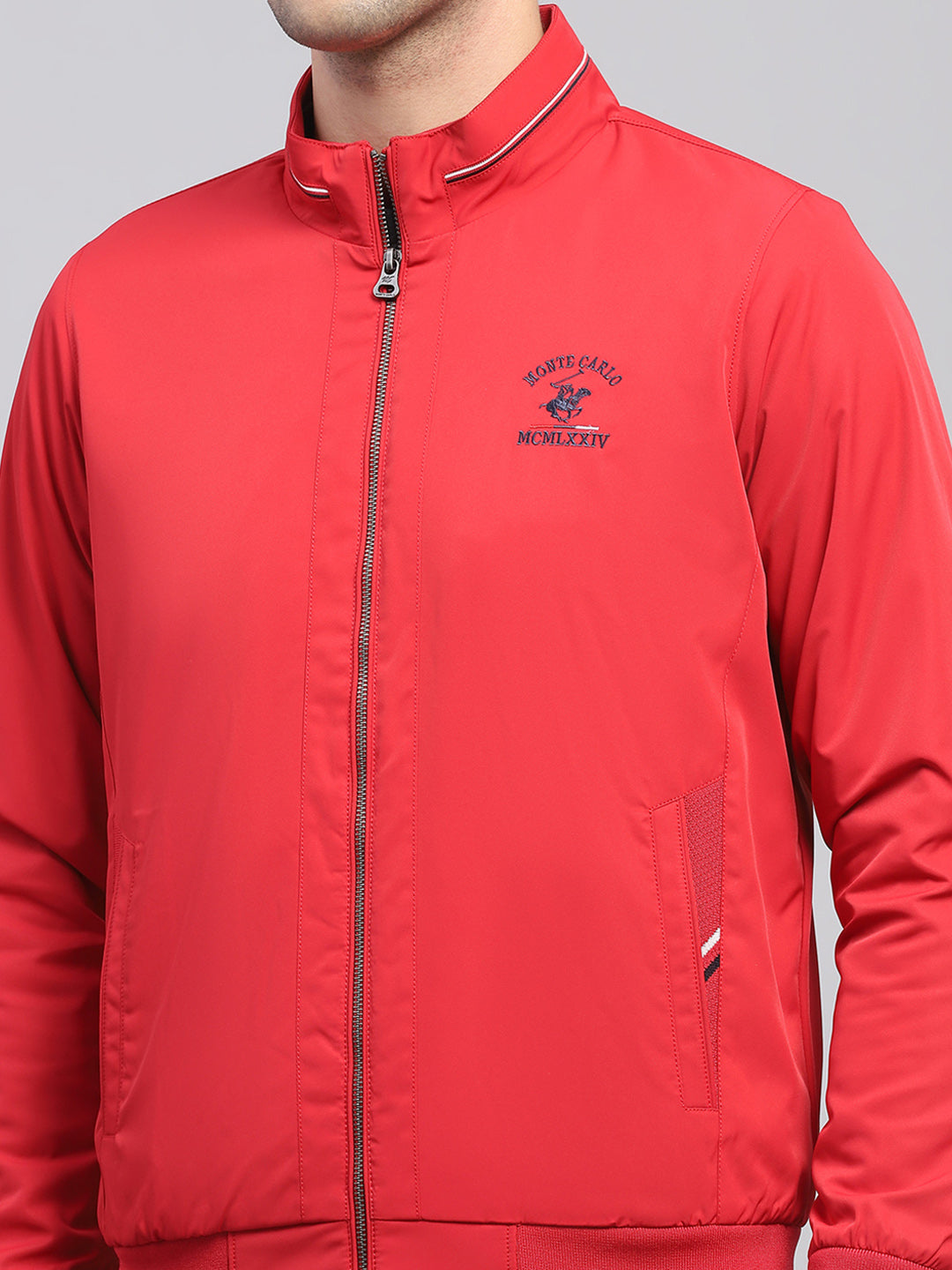 Men Red Solid Collar Full Sleeve Jacket