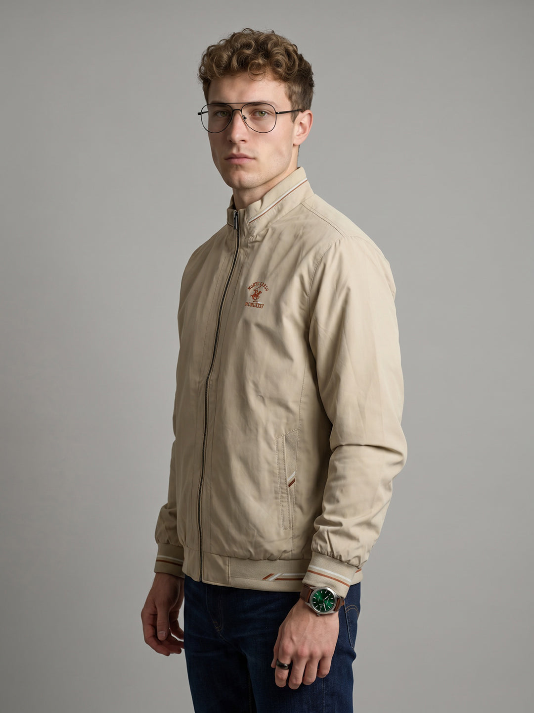 Men Beige Solid Collar Full Sleeve Bomber Jacket