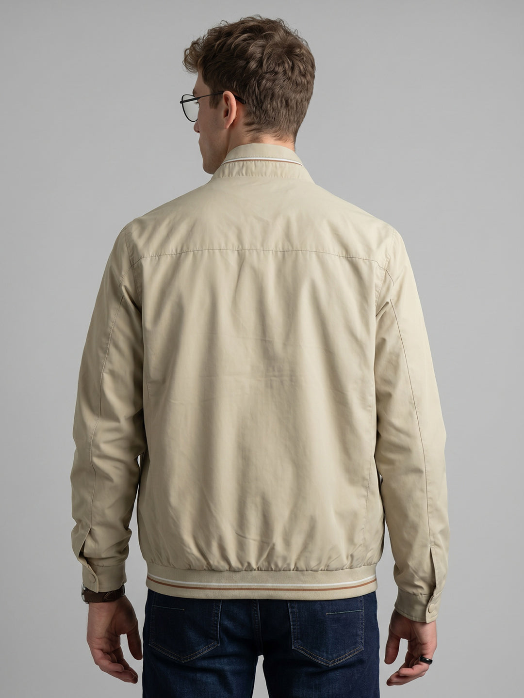 Men Beige Solid Collar Full Sleeve Bomber Jacket