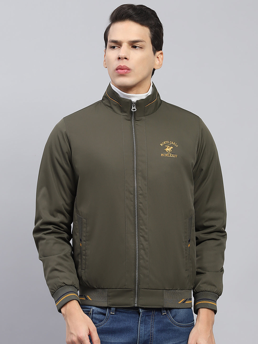 Men Olive Solid Mock Neck Full Sleeve Jacket