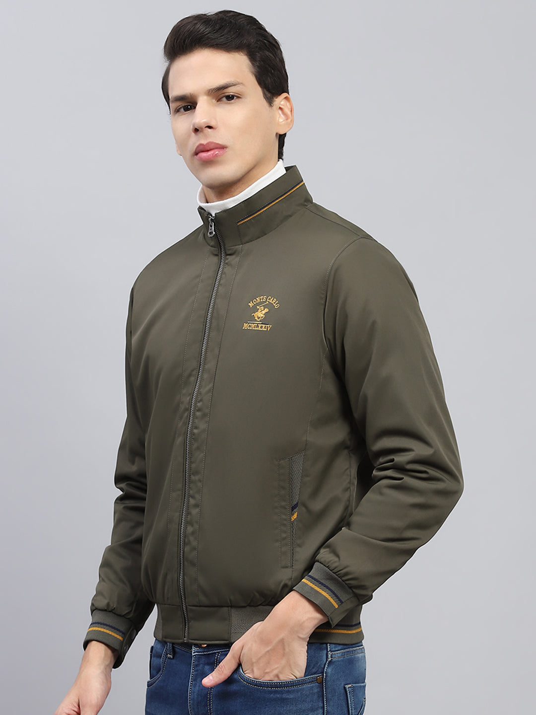 Men Olive Solid Mock Neck Full Sleeve Jacket