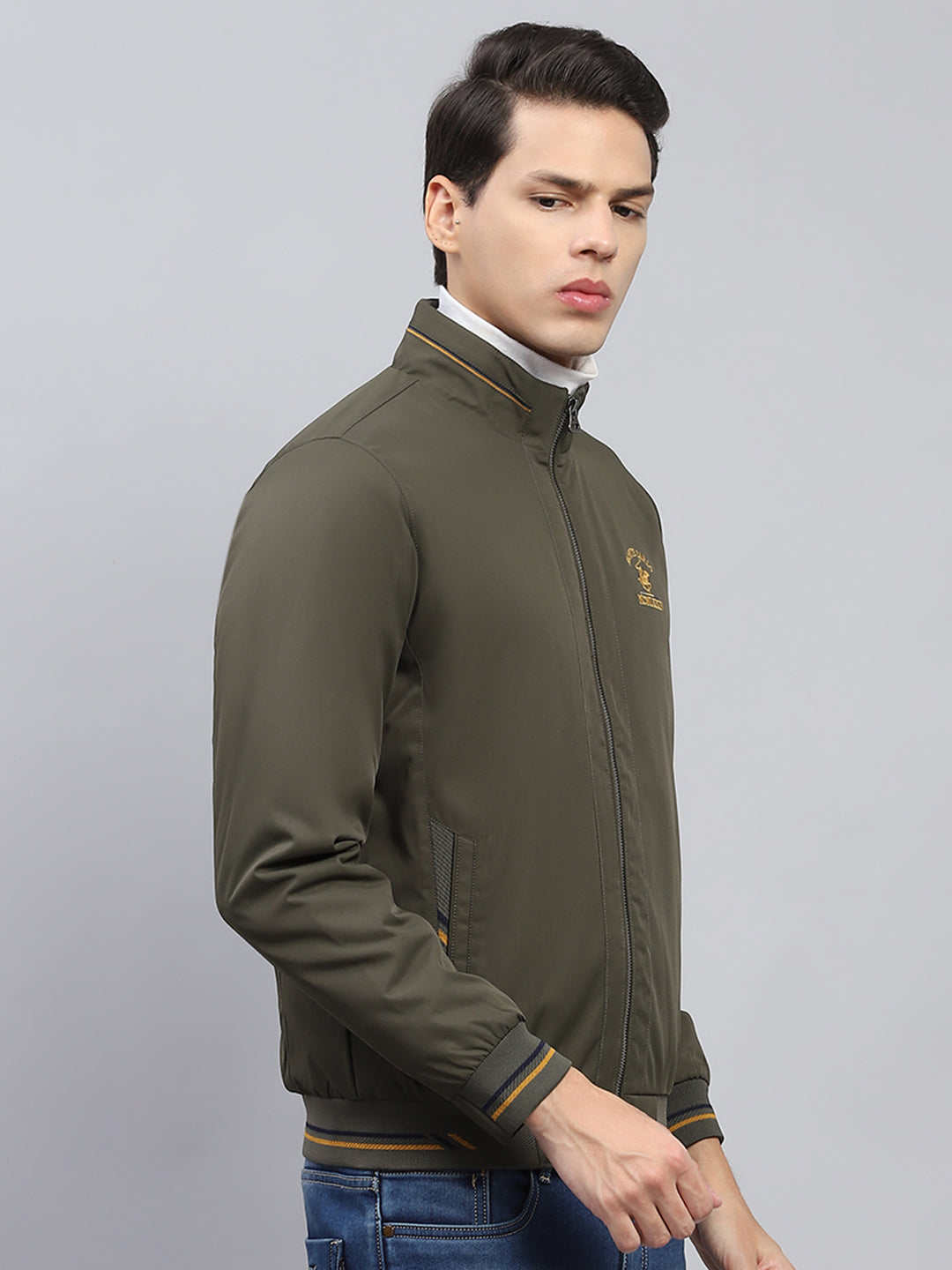 Men Olive Solid Mock Neck Full Sleeve Jacket