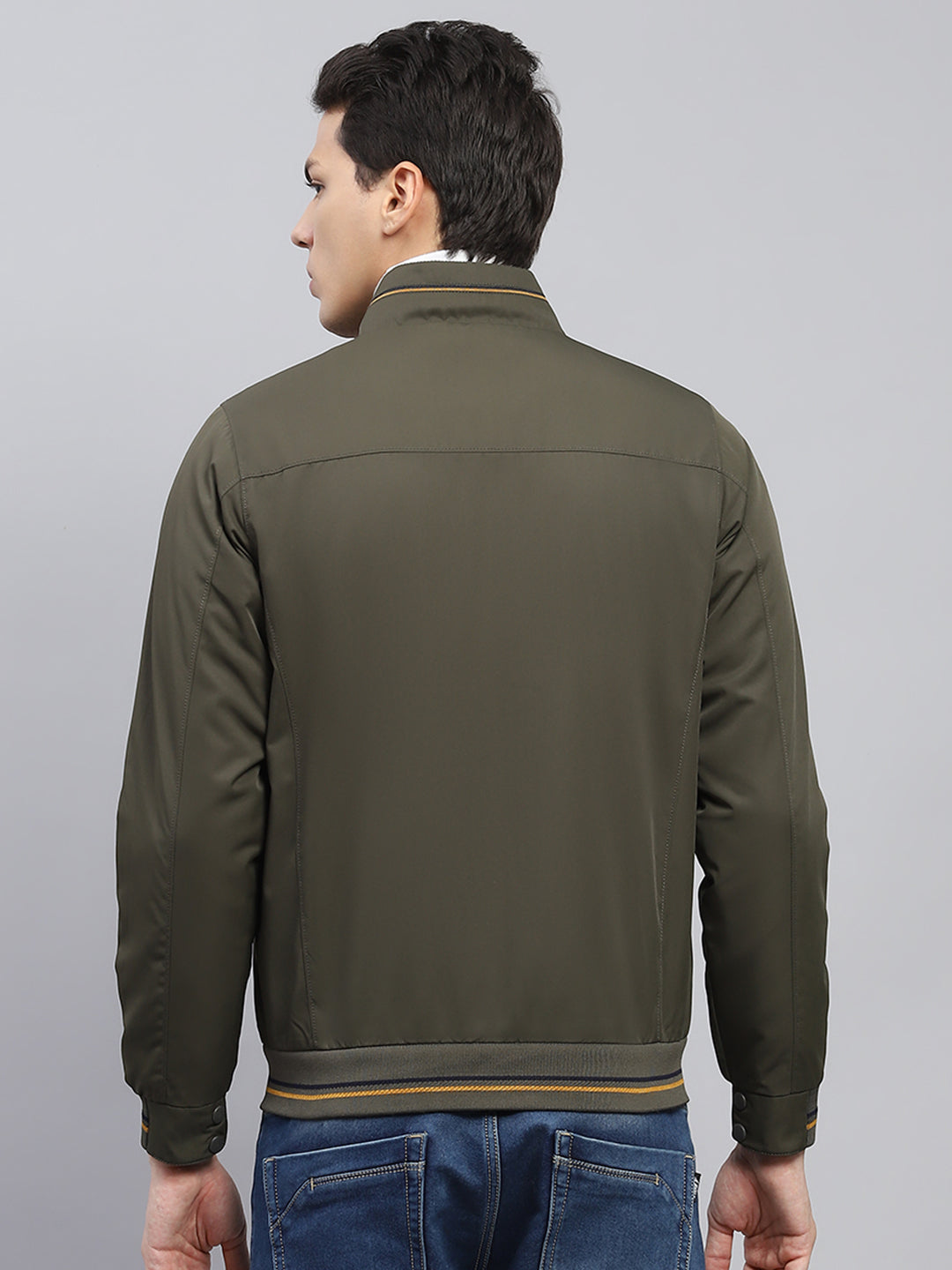 Men Olive Solid Mock Neck Full Sleeve Jacket