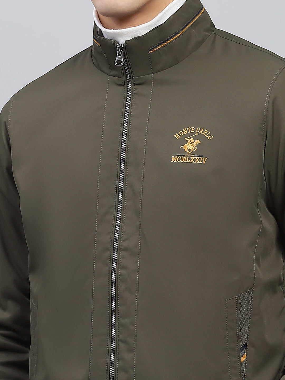 Men Olive Solid Mock Neck Full Sleeve Jacket