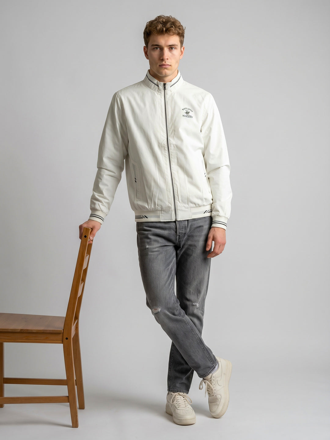 Men White Solid Collar Full Sleeve Bomber Jacket