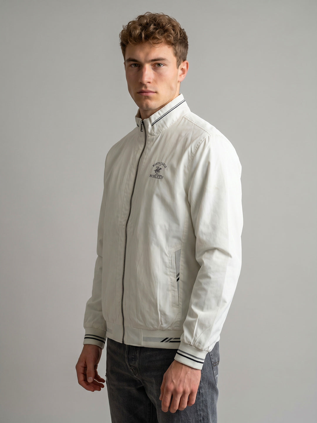 Men White Solid Collar Full Sleeve Bomber Jacket