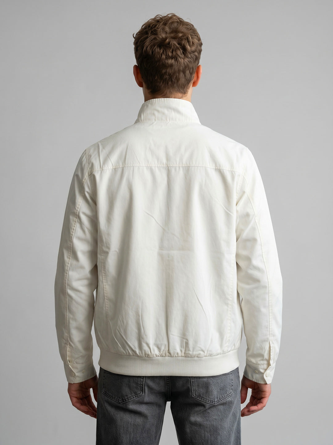 Men White Solid Collar Full Sleeve Bomber Jacket