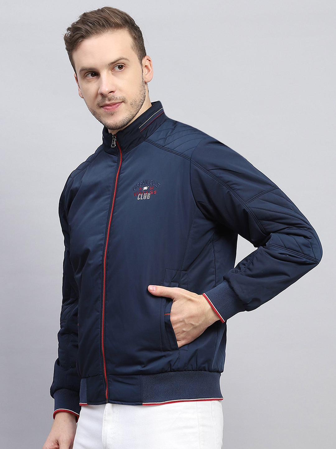 Men Blue Solid Mock Neck Full Sleeve Jacket