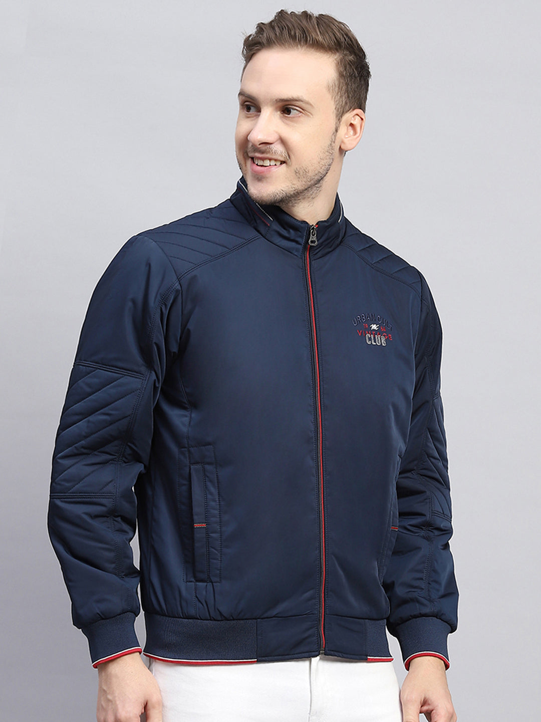 Men Blue Solid Mock Neck Full Sleeve Jacket