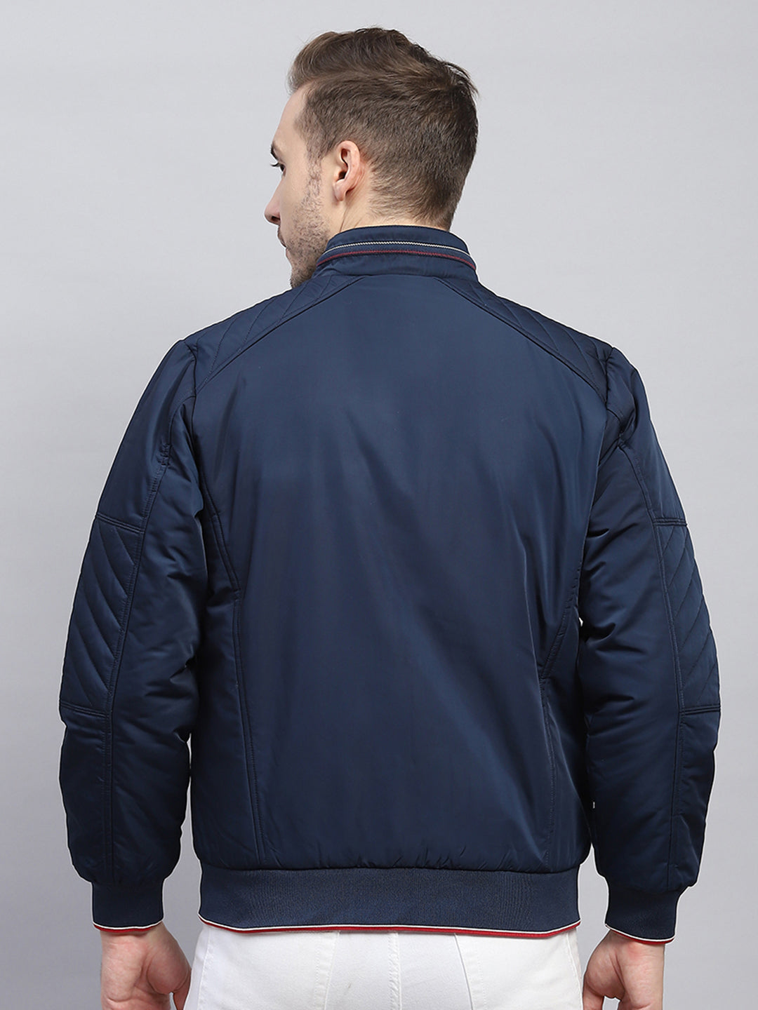 Men Blue Solid Mock Neck Full Sleeve Jacket