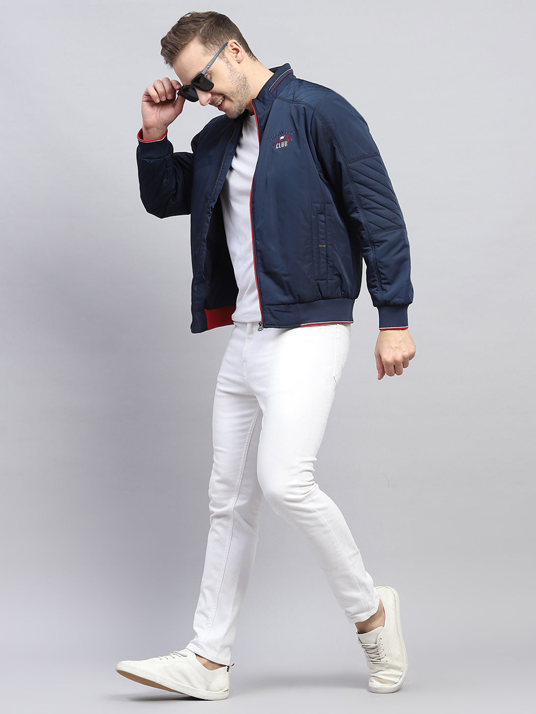 Men Blue Solid Mock Neck Full Sleeve Jacket