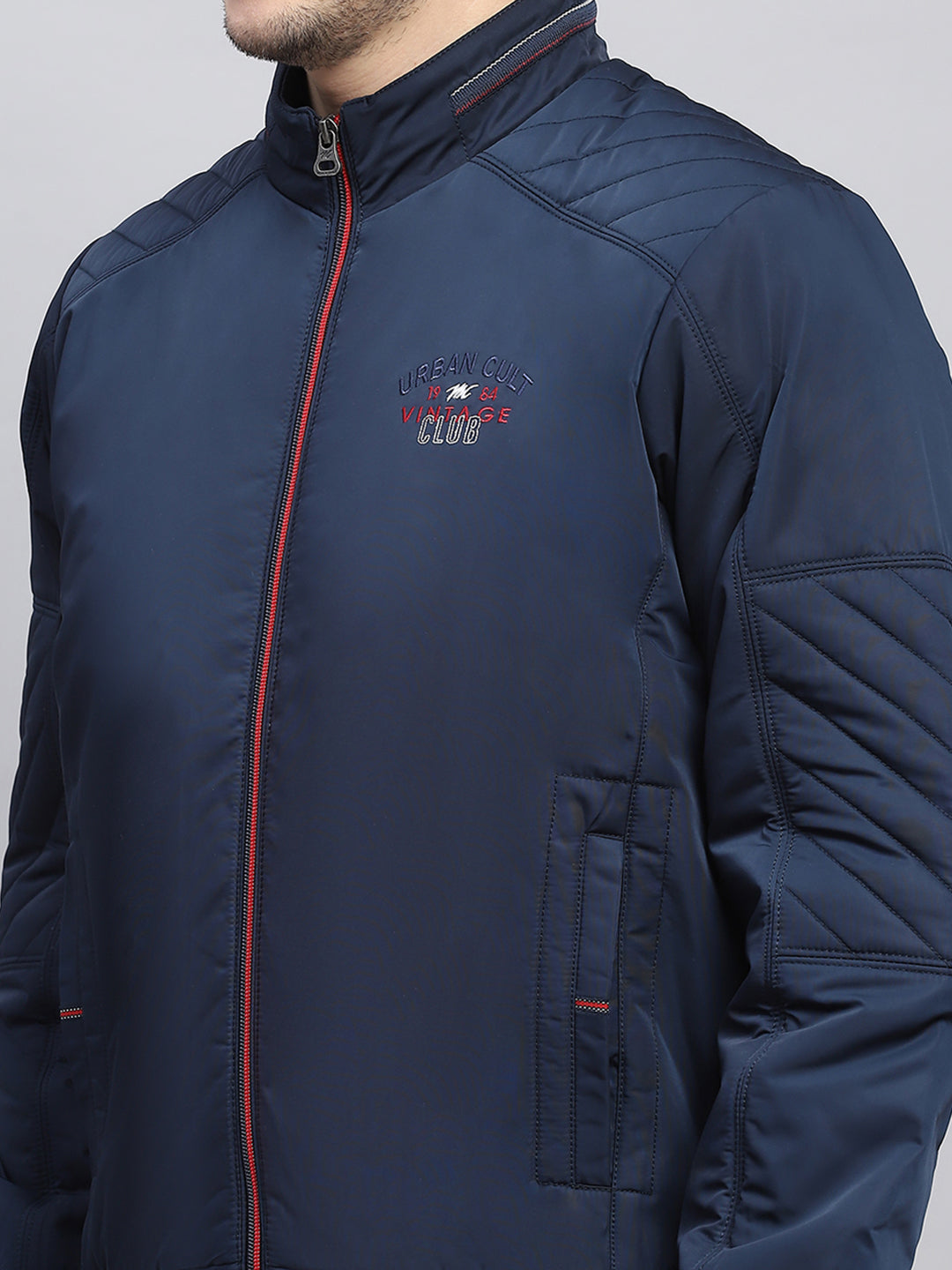 Men Blue Solid Mock Neck Full Sleeve Jacket