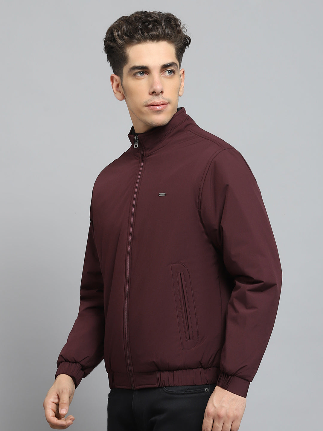 Men Maroon Solid Mock Neck Full Sleeve Jacket