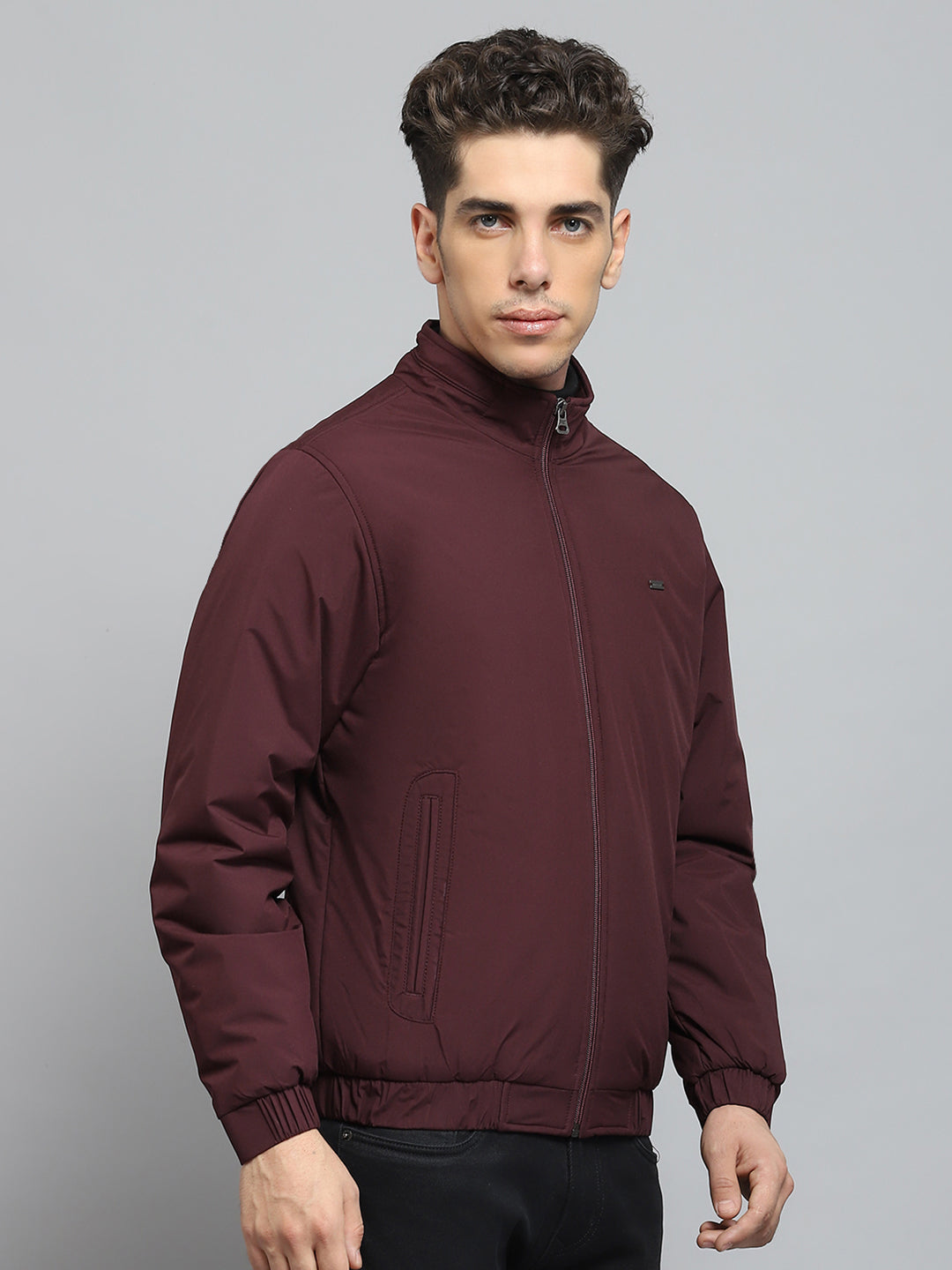 Men Maroon Solid Mock Neck Full Sleeve Jacket