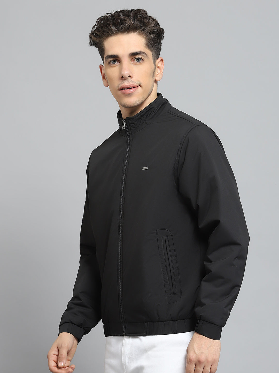 Men Black Solid Mock Neck Full Sleeve Jacket